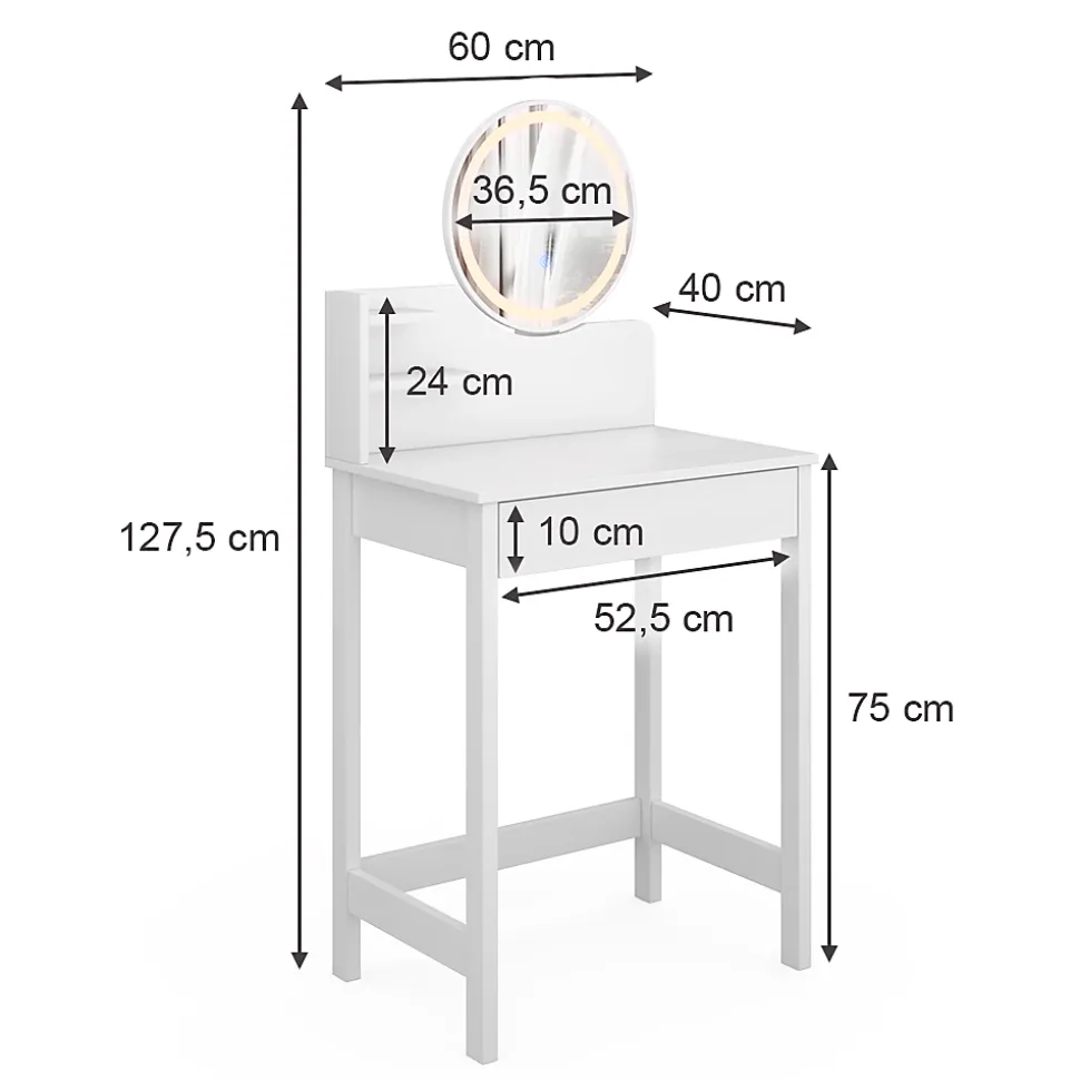 Vicco Coiffeuse Blanc 60cm avec miroir LED
