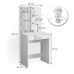 Vicco Coiffeuse Blanc 60cm avec éclairage LED