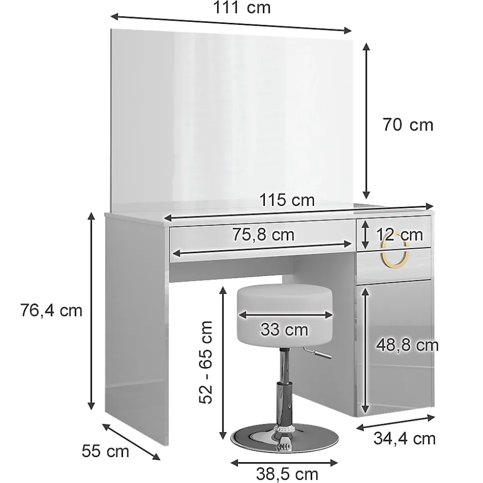 Vicco Coiffeuse Blanc 115cm avec tabouret