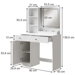 Vicco Coiffeuse Blanc 90cm avec miroir