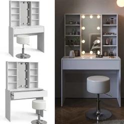Vicco Coiffeuse Blanc 93cm avec éclairage LED et tabouret