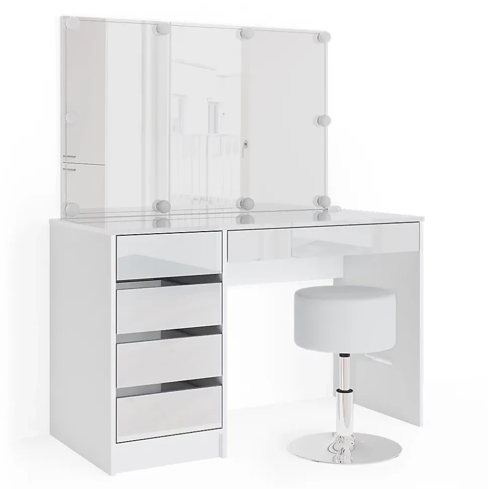 Vicco Coiffeuse Blanc 55cm avec éclairage LED et tabouret
