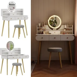 Vicco Coiffeuse Blanc 100cm avec miroir LED et tabouret