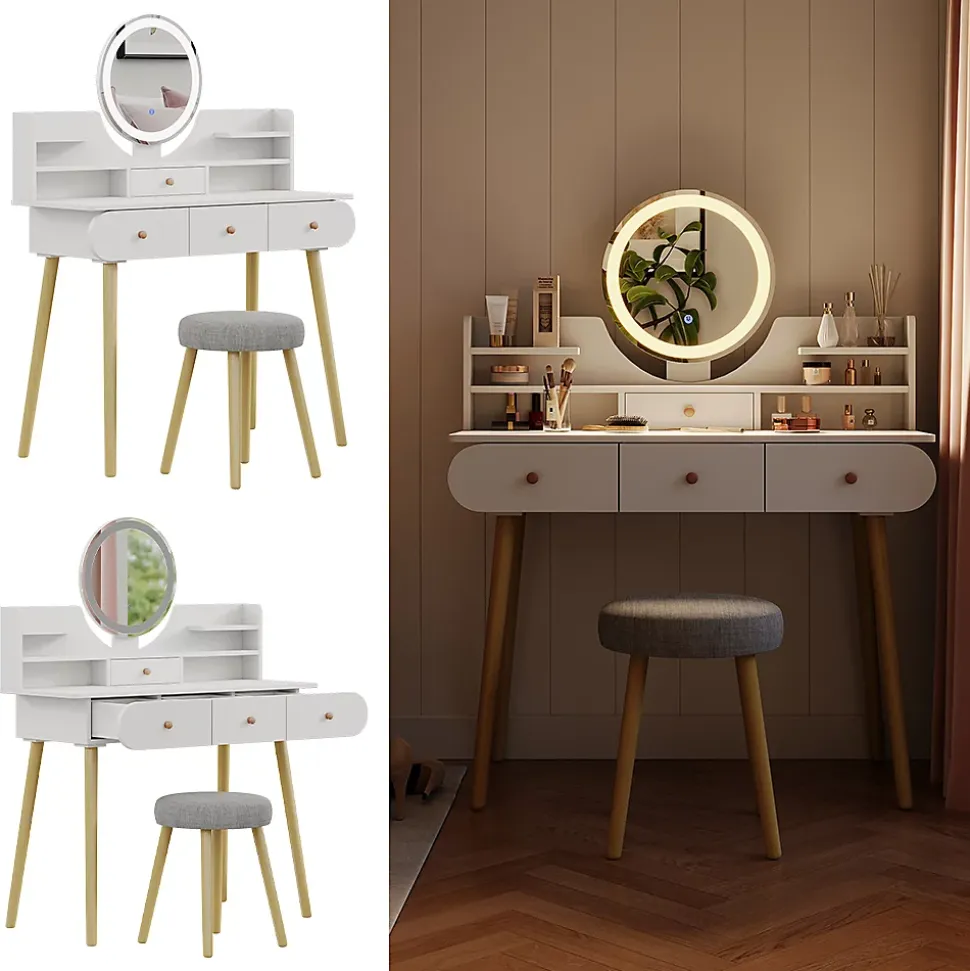 Vicco Coiffeuse Blanc 100cm avec miroir LED et tabouret
