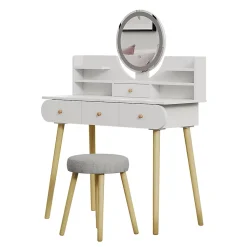Vicco Coiffeuse Blanc 100cm avec miroir LED et tabouret