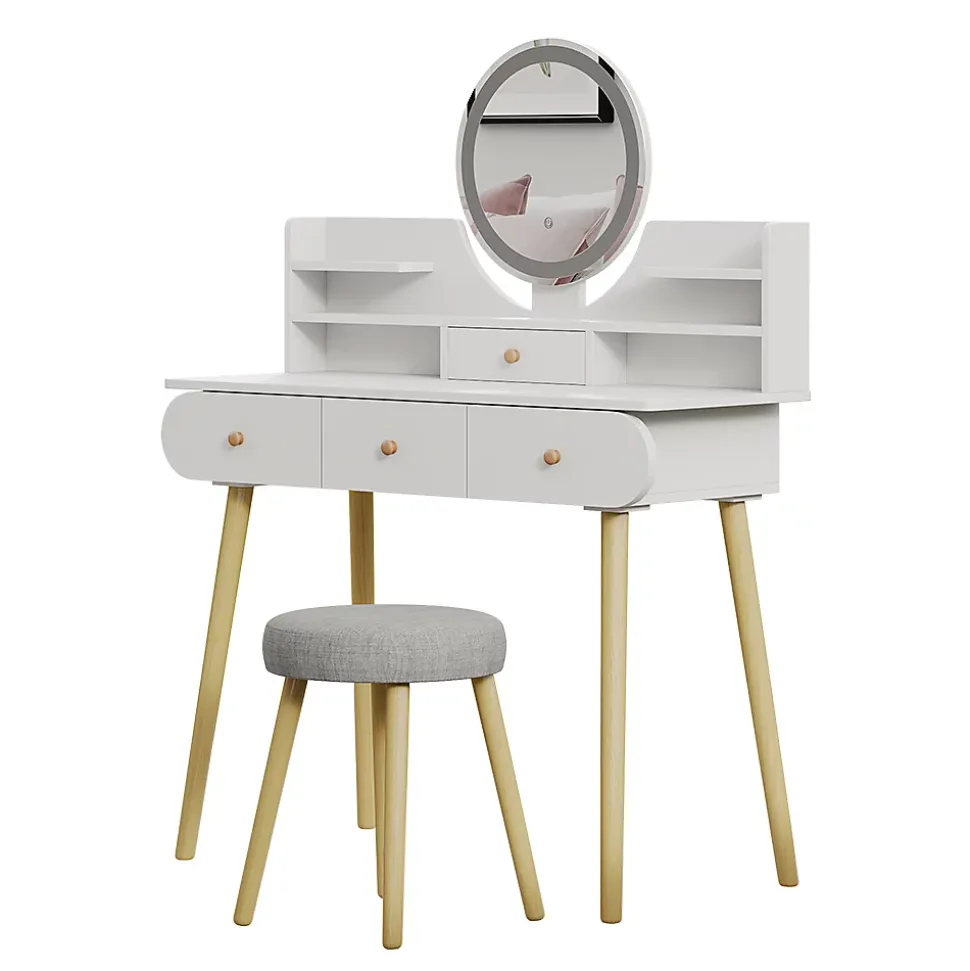 Vicco Coiffeuse Blanc 100cm avec miroir LED et tabouret