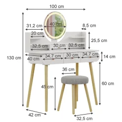 Vicco Coiffeuse Blanc 100cm avec miroir LED et tabouret