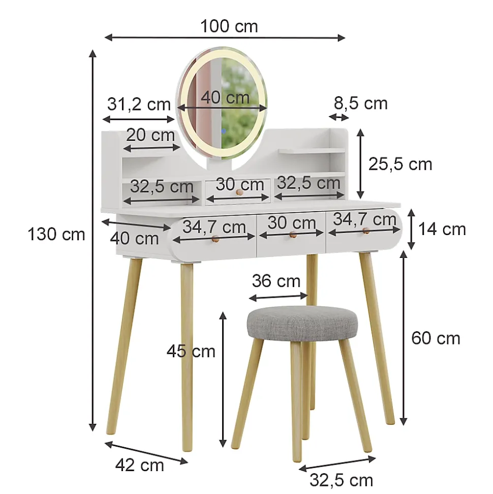 Vicco Coiffeuse Blanc 100cm avec miroir LED et tabouret