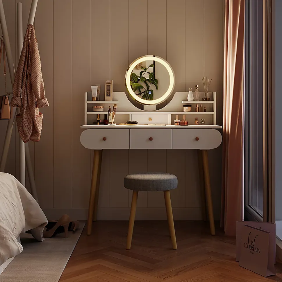 Vicco Coiffeuse Blanc 100cm avec miroir LED et tabouret