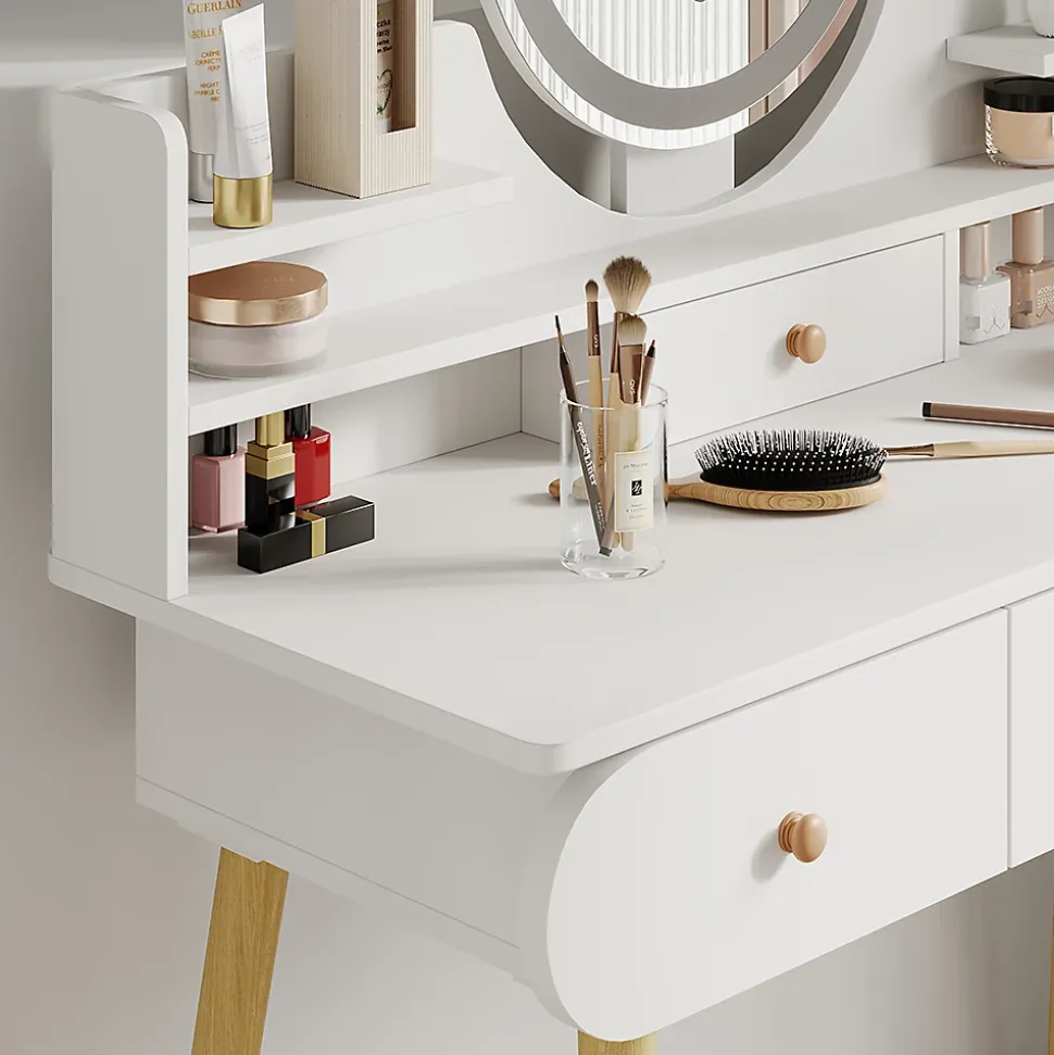 Vicco Coiffeuse Blanc 100cm avec miroir LED et tabouret