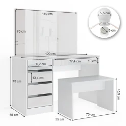 Vicco Coiffeuse Blanc 120cm avec éclairage LED et banc
