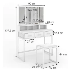 Vicco Coiffeuse Blanc 90cm avec miroir LED et tabouret