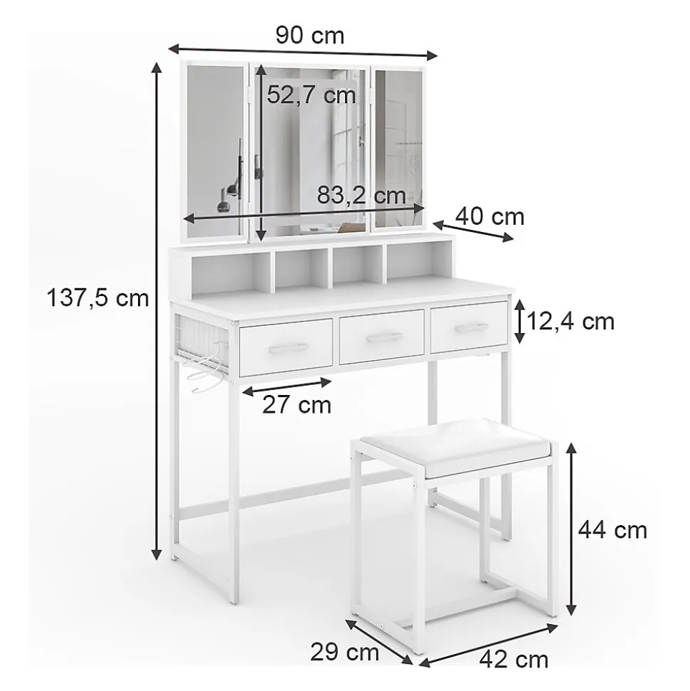 Vicco Coiffeuse Blanc 90cm avec miroir LED et tabouret