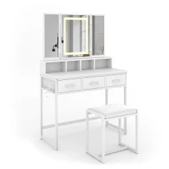 Vicco Coiffeuse Blanc 90cm avec miroir LED et tabouret