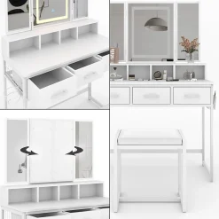 Vicco Coiffeuse Blanc 90cm avec miroir LED et tabouret