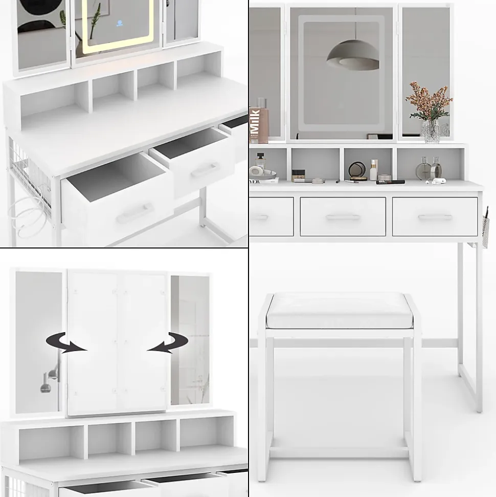 Vicco Coiffeuse Blanc 90cm avec miroir LED et tabouret