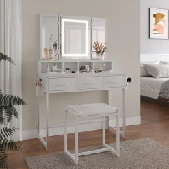 Vicco Coiffeuse Blanc 90cm avec miroir LED et tabouret