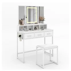 Vicco Coiffeuse Blanc 90cm avec miroir LED et tabouret
