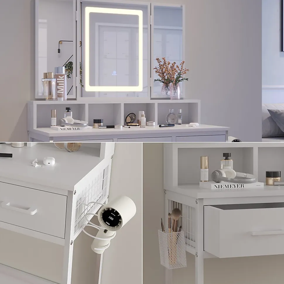 Vicco Coiffeuse Blanc 90cm avec miroir LED et tabouret