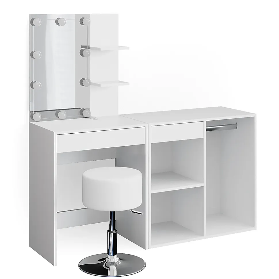 Vicco Coiffeuse Blanc 140cm avec LED, tabouret et armoire