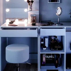 Vicco Coiffeuse Blanc 140cm avec LED, tabouret et armoire