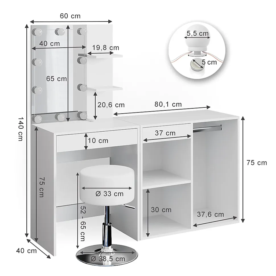 Vicco Coiffeuse Blanc 140cm avec LED, tabouret et armoire