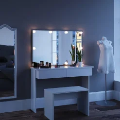 Vicco Coiffeuse Blanc 120cm avec éclairage LED et banc