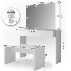 Vicco Coiffeuse Blanc 120cm avec éclairage LED et banc