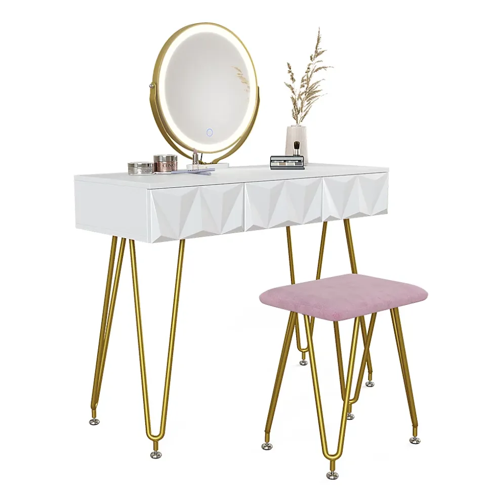 Vicco Coiffeuse Blanc 100cm avec éclairage LED et tabouret