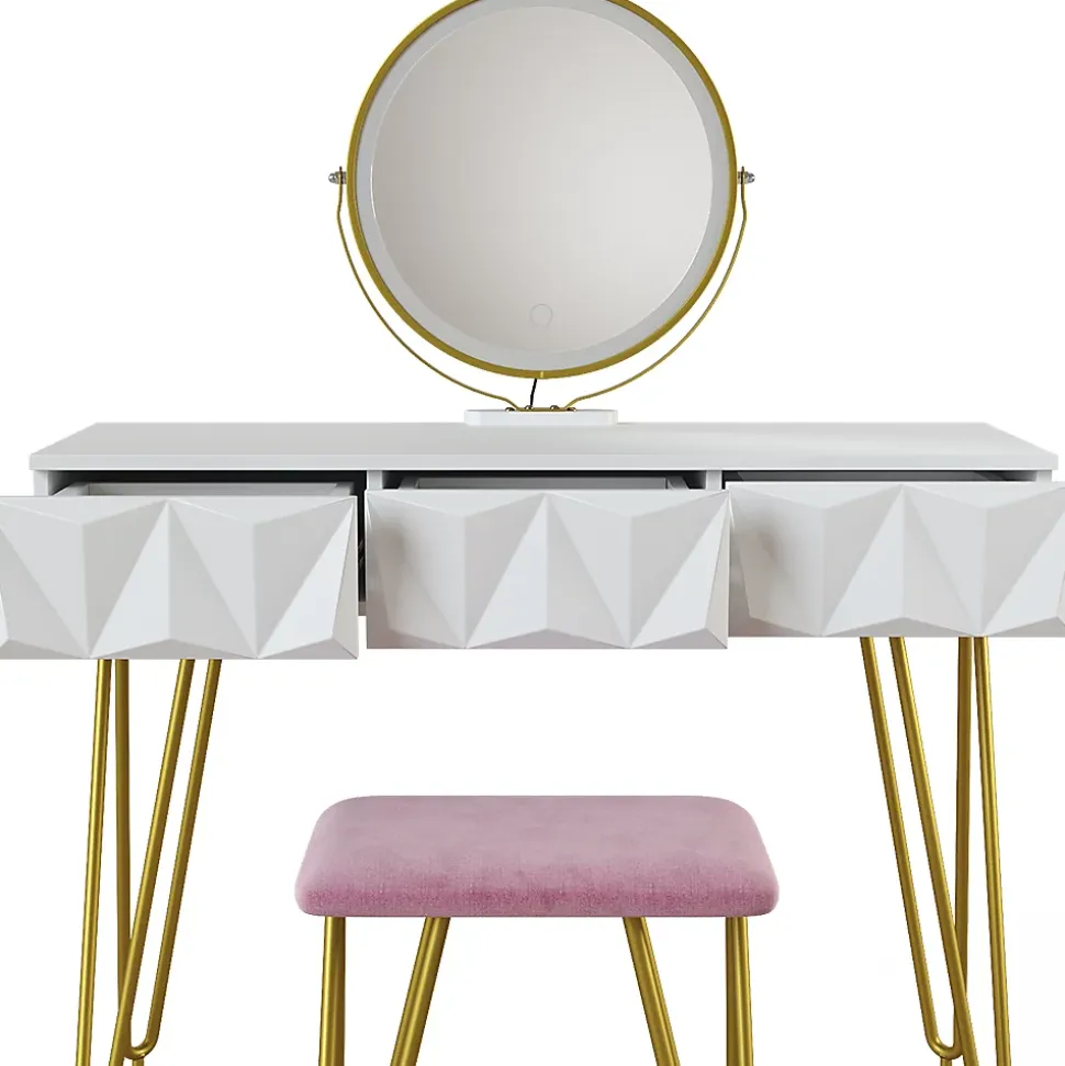 Vicco Coiffeuse Blanc 100cm avec éclairage LED et tabouret