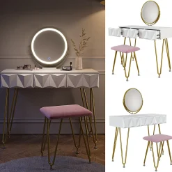 Vicco Coiffeuse Blanc 100cm avec éclairage LED et tabouret