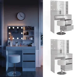 Vicco Coiffeuse Blanc 90cm avec éclairage LED, tabouret et étagère miroir