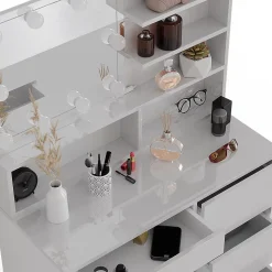 Vicco Coiffeuse Blanc 90cm avec éclairage LED, tabouret et étagère miroir