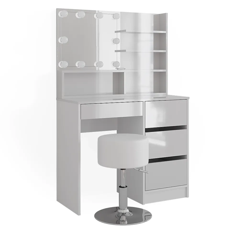 Vicco Coiffeuse Blanc 90cm avec éclairage LED, tabouret et étagère miroir