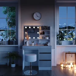 Vicco Coiffeuse Blanc 90cm avec éclairage LED, tabouret et étagère miroir