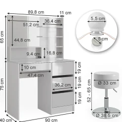 Vicco Coiffeuse Blanc 90cm avec éclairage LED, tabouret et étagère miroir