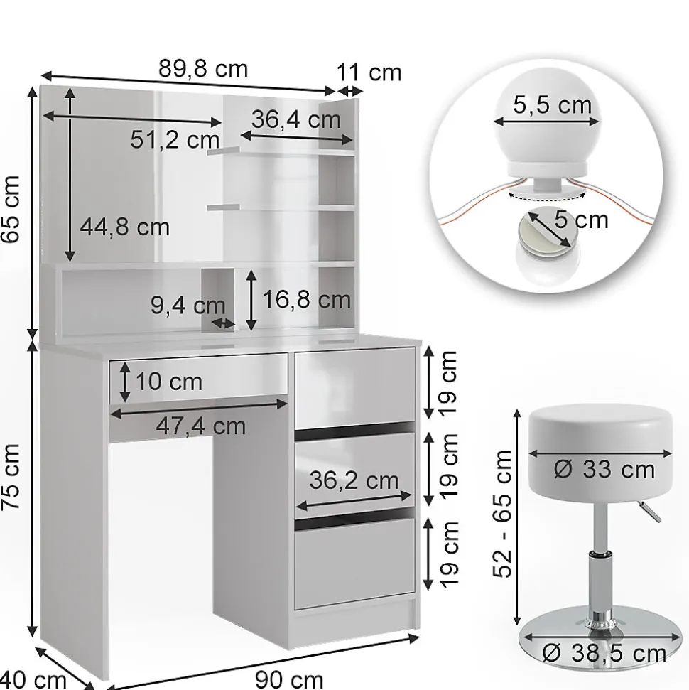Vicco Coiffeuse Blanc 90cm avec éclairage LED, tabouret et étagère miroir