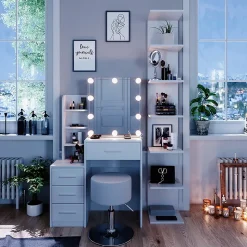 Vicco Coiffeuse Blanc 80cm avec éclairage LED et tabouret