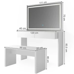 Vicco Coiffeuse Blanc 120cm avec miroir LED et banc