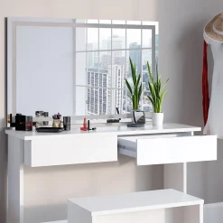 Vicco Coiffeuse Blanc 120cm avec miroir LED et banc