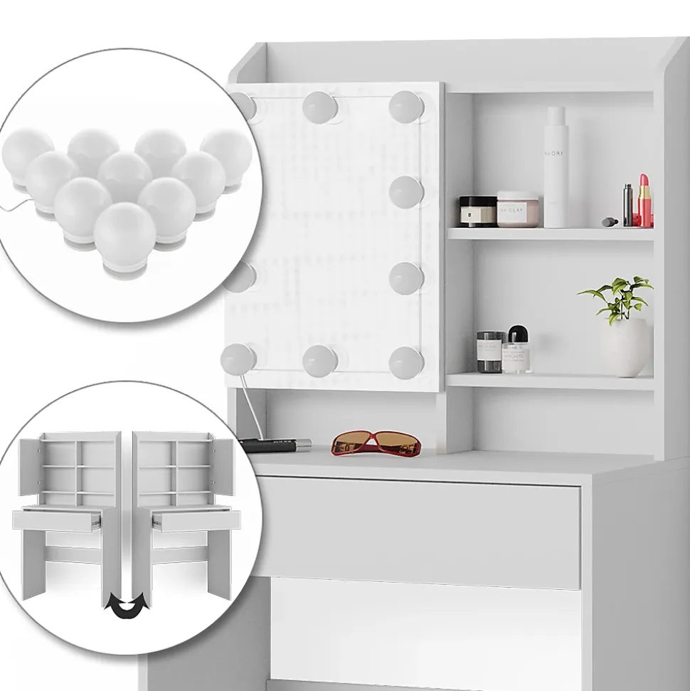 Vicco Coiffeuse Blanc 70cm avec éclairage LED