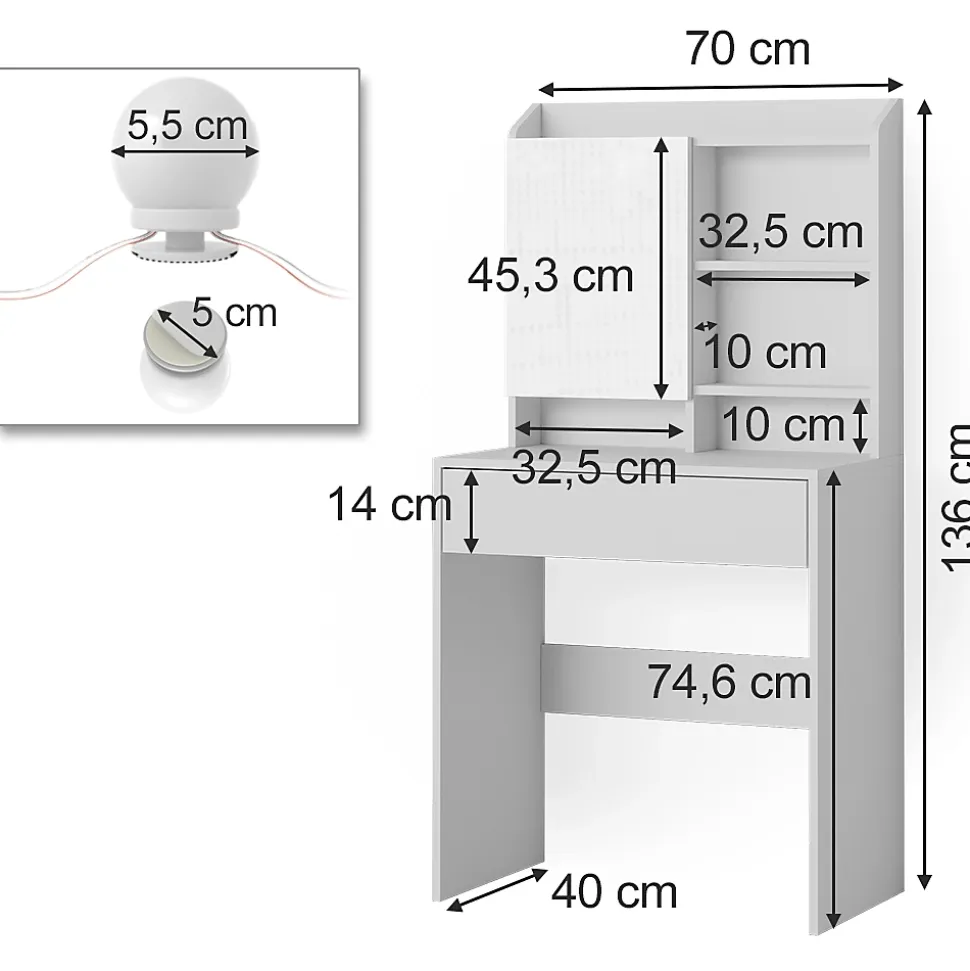 Vicco Coiffeuse Blanc 70cm avec éclairage LED