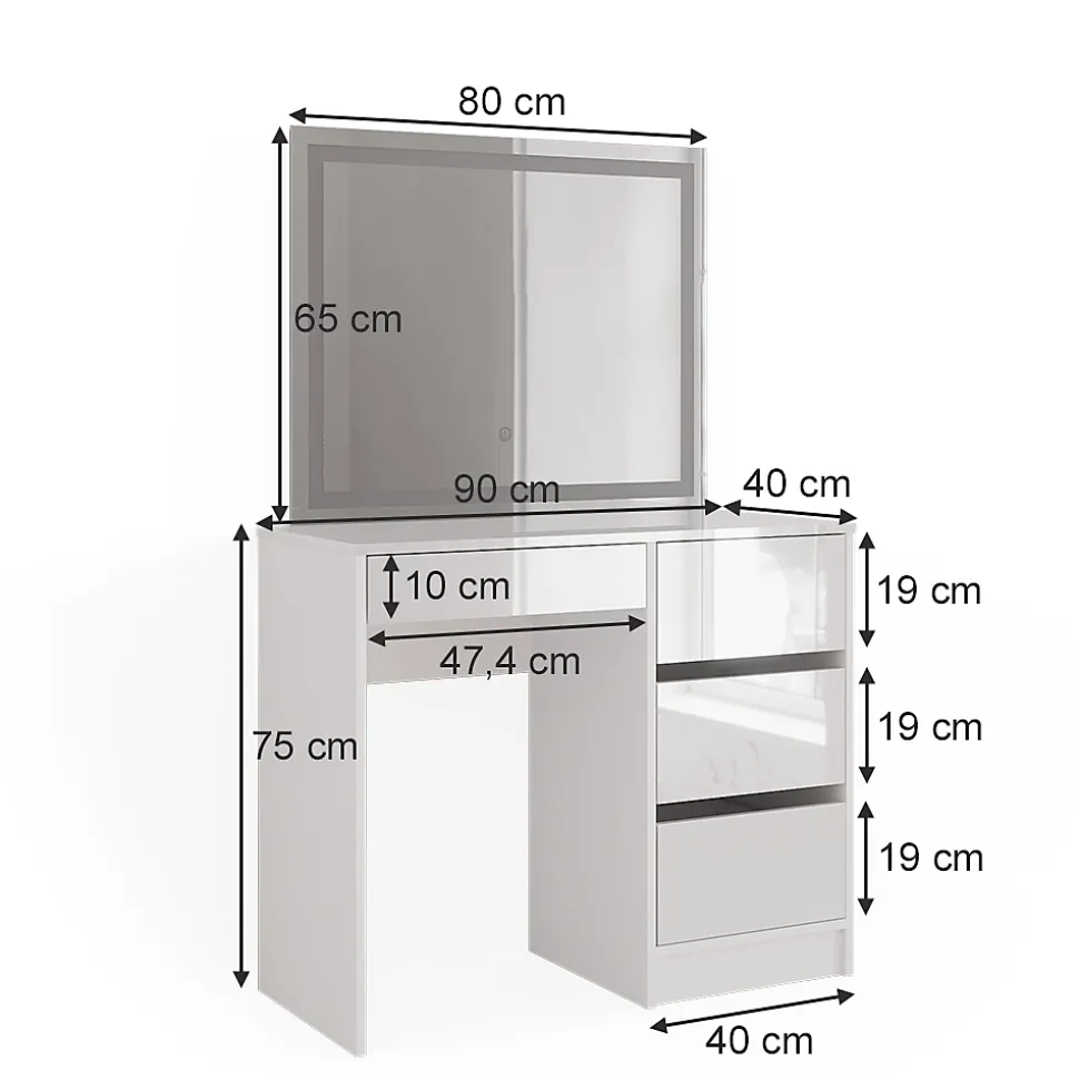 Vicco Coiffeuse Blanc 40cm avec miroir LED