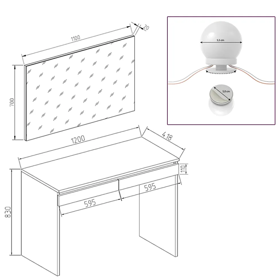 Vicco Coiffeuse Blanc 120cm avec éclairage LED