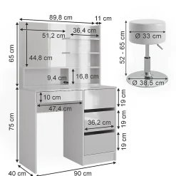 Vicco Coiffeuse Blanc 90cm avec tabouret