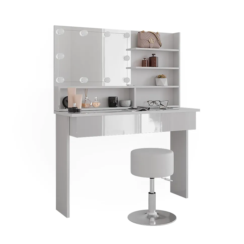 Vicco Coiffeuse Blanc 120cm avec éclairage LED et tabouret