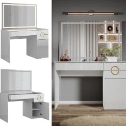 Vicco Coiffeuse Blanc 115cm avec miroir LED