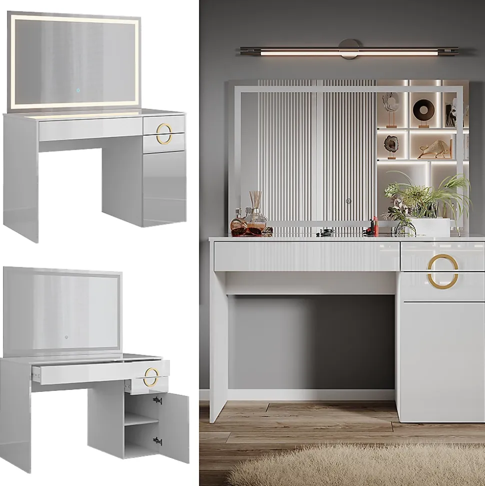 Vicco Coiffeuse Blanc 115cm avec miroir LED