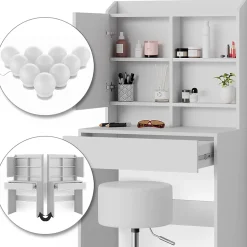 Vicco Coiffeuse Blanc 70cm avec éclairage LED et tabouret