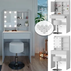 Vicco Coiffeuse Blanc 70cm avec éclairage LED et tabouret